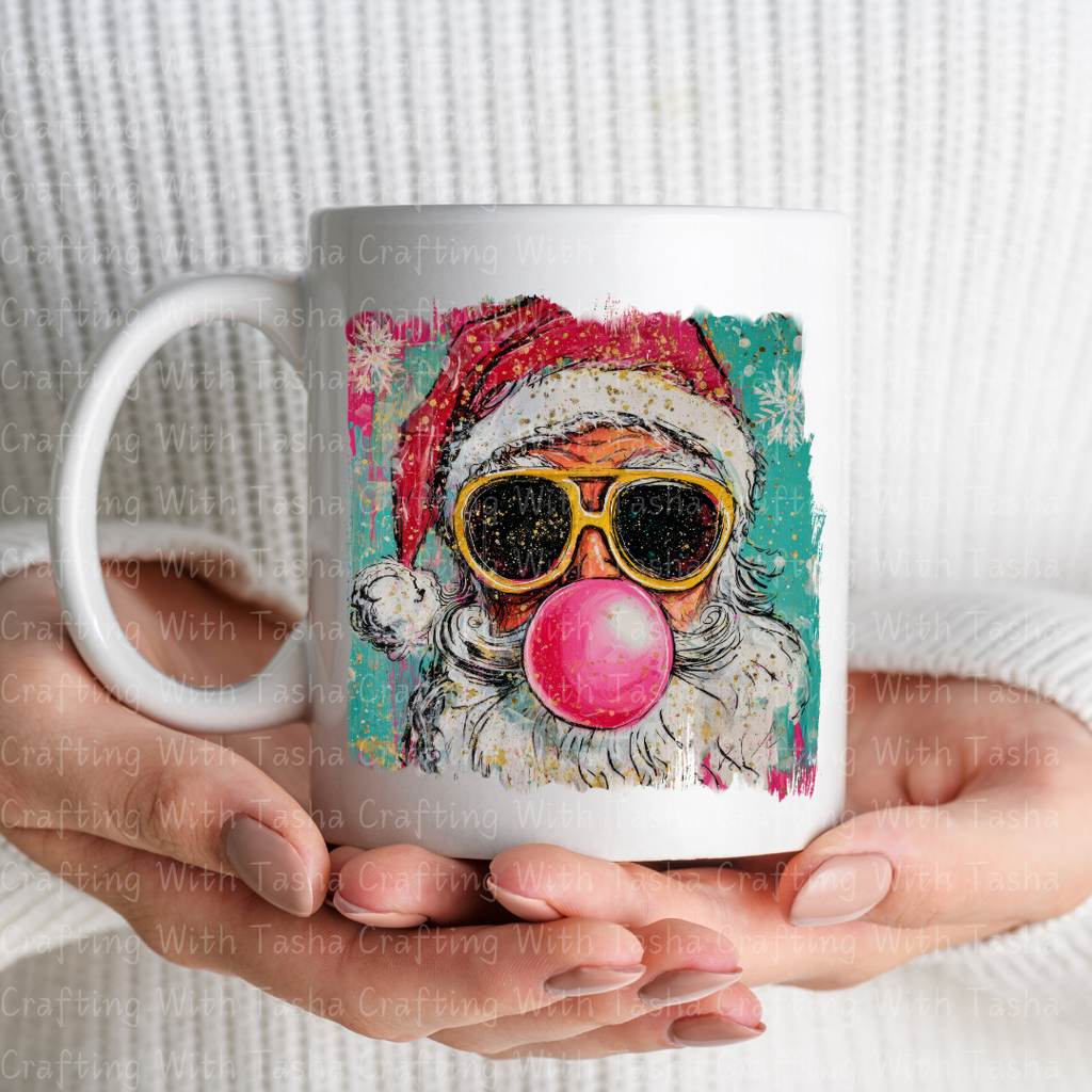 Cool Santa Bubblegum Christmas DTF Transfer 1– Retro Santa with Sunglasses