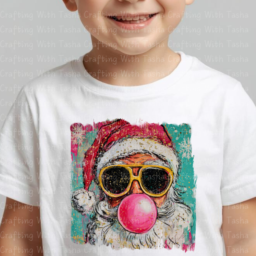 Cool Santa Bubblegum Christmas DTF Transfer 1– Retro Santa with Sunglasses