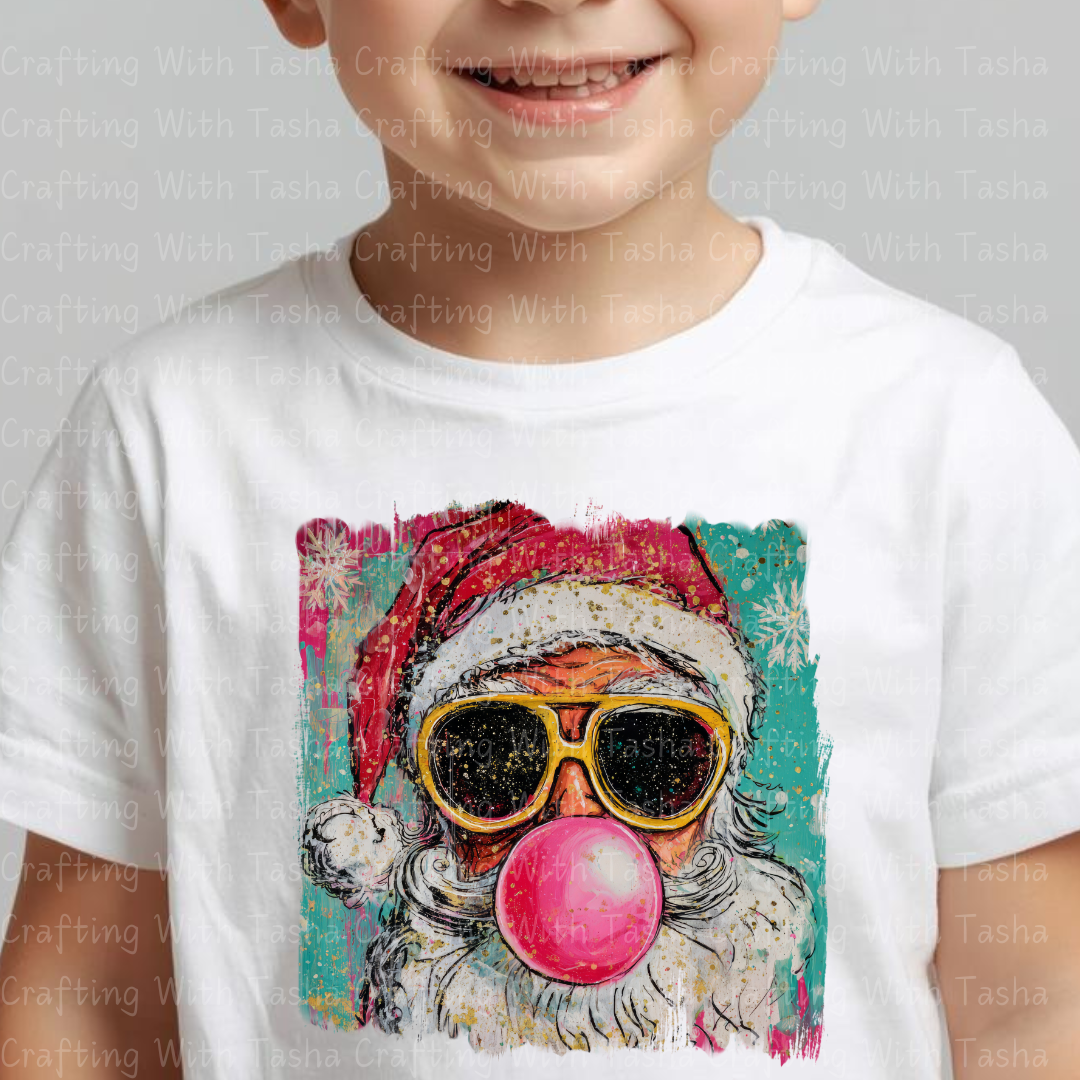 Cool Santa Bubblegum Christmas DTF Transfer 1– Retro Santa with Sunglasses