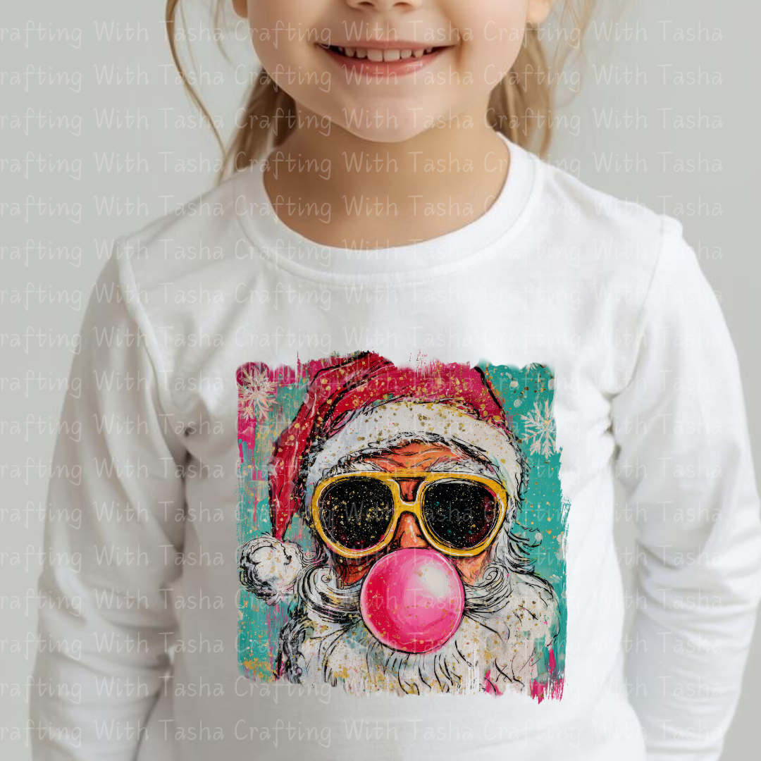 Cool Santa Bubblegum Christmas DTF Transfer 1– Retro Santa with Sunglasses