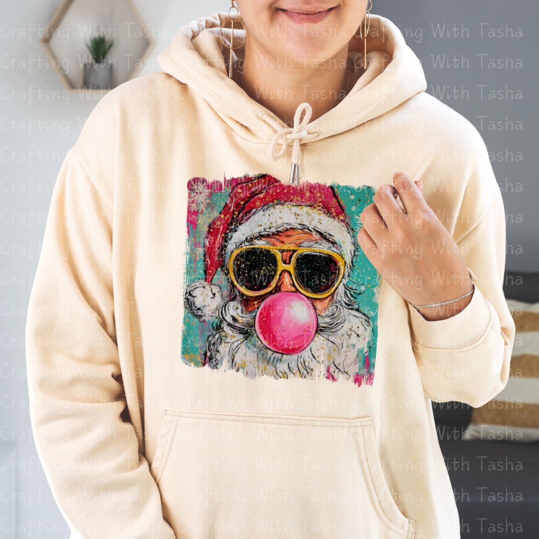 Cool Santa Bubblegum Christmas DTF Transfer 1– Retro Santa with Sunglasses