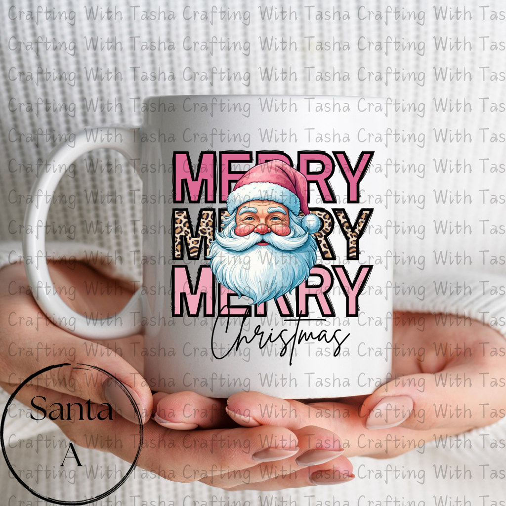 Merry Merry Merry Christmas Santa with Leopard Print Design – Customizable DTF Transfer, T-Shirt, Crew Neck, Hoodie, or Cup Transfer