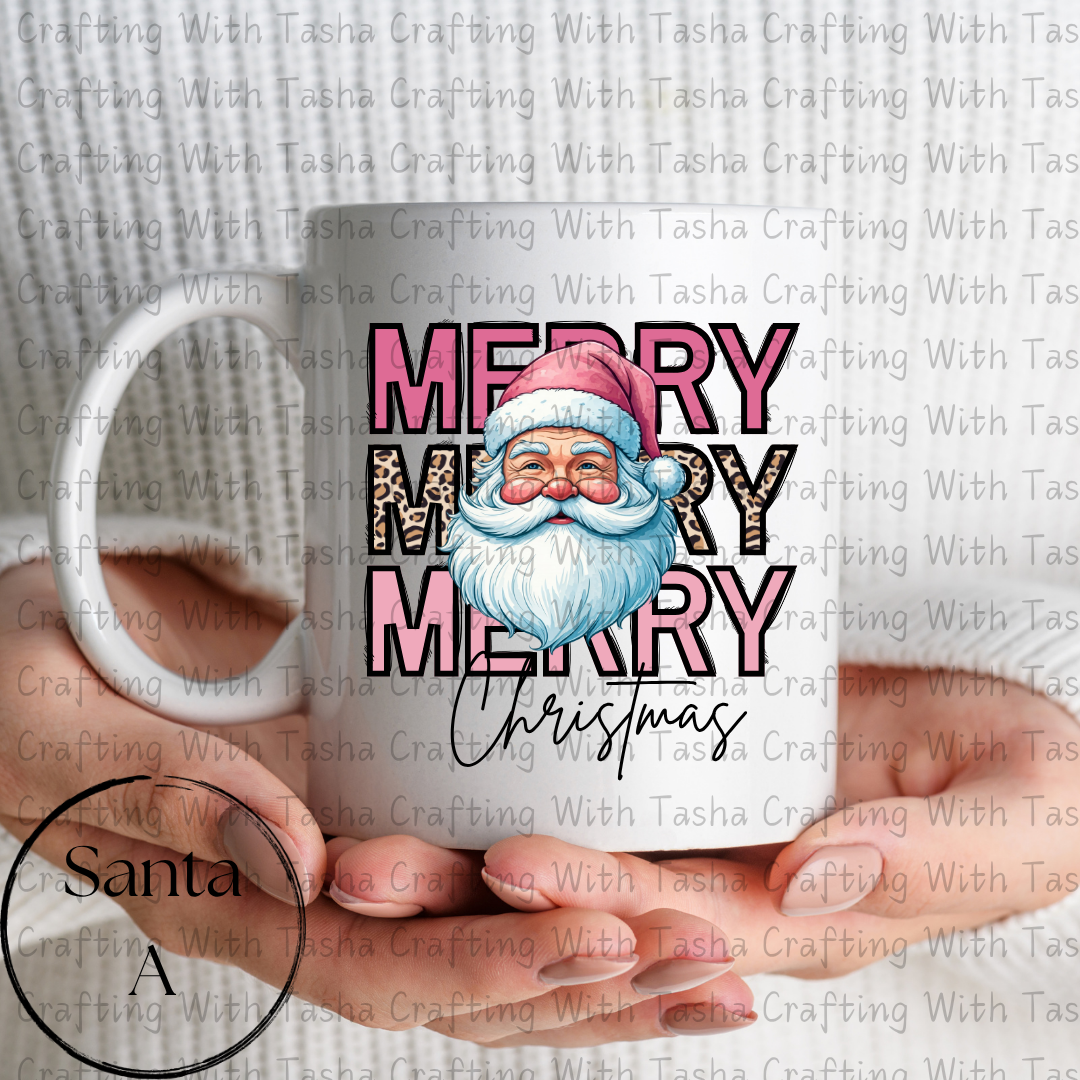 Merry Merry Merry Christmas Santa with Leopard Print Design – Customizable DTF Transfer, T-Shirt, Crew Neck, Hoodie, or Cup Transfer