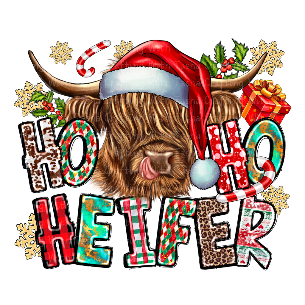 Ho Ho Ho Heifer Christmas Highland Cow Design – Customizable DTF Transfer, T-Shirt, Crew Neck, Hoodie, or Cup Transfer