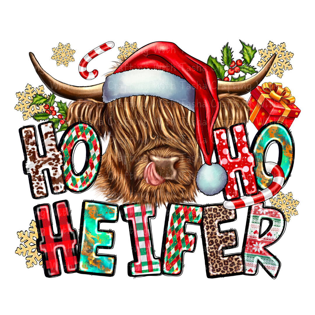 Ho Ho Ho Heifer Christmas Highland Cow Design – Customizable DTF Transfer, T-Shirt, Crew Neck, Hoodie, or Cup Transfer