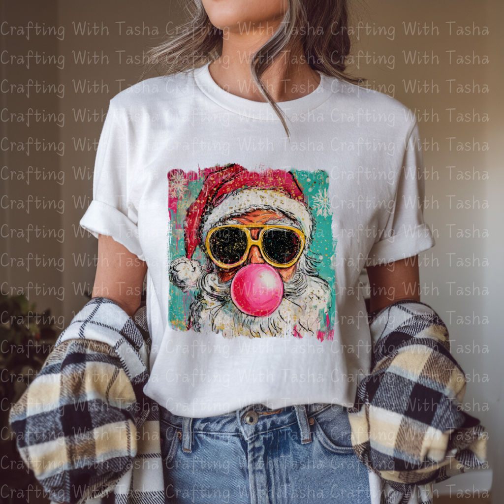 Cool Santa Bubblegum Christmas DTF Transfer 1– Retro Santa with Sunglasses