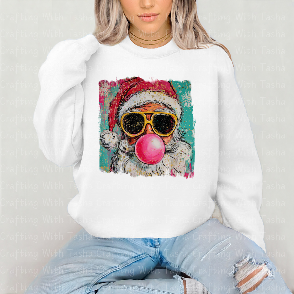 Cool Santa Bubblegum Christmas DTF Transfer 1– Retro Santa with Sunglasses