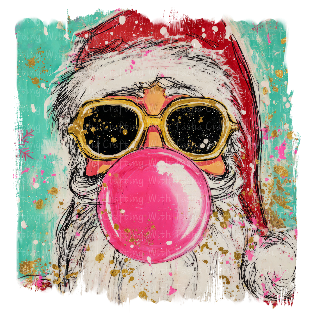 Cool Santa Bubblegum Christmas DTF Transfer 2 – Retro Santa with Sunglasses