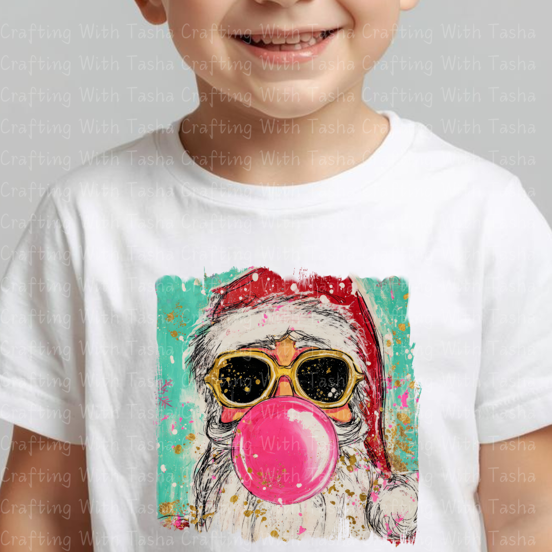 Cool Santa Bubblegum Christmas DTF Transfer 2 – Retro Santa with Sunglasses