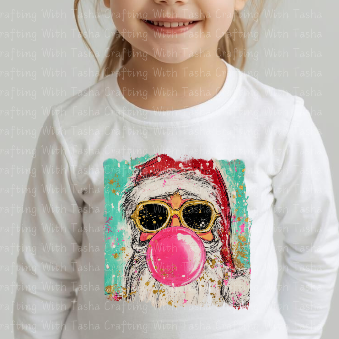 Cool Santa Bubblegum Christmas DTF Transfer 2 – Retro Santa with Sunglasses