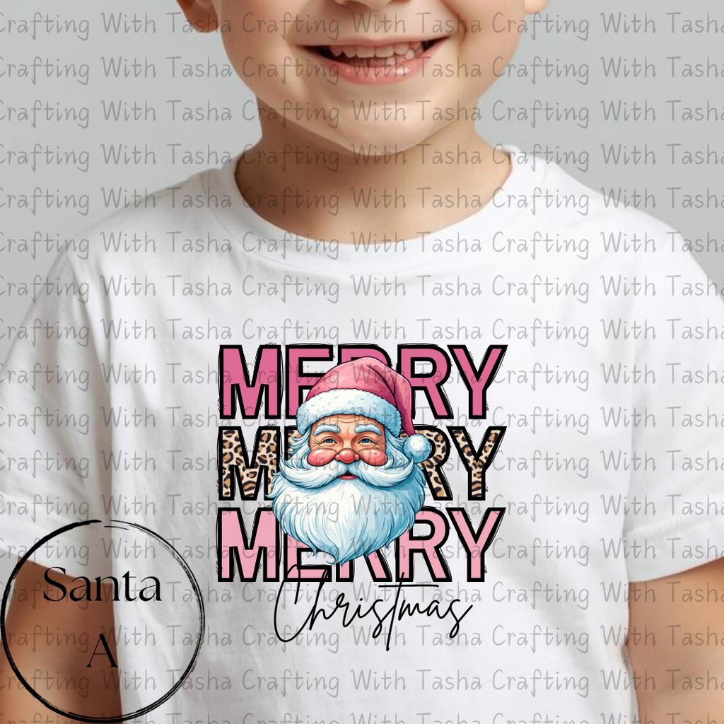 Merry Merry Merry Christmas Santa with Leopard Print Design – Customizable DTF Transfer, T-Shirt, Crew Neck, Hoodie, or Cup Transfer