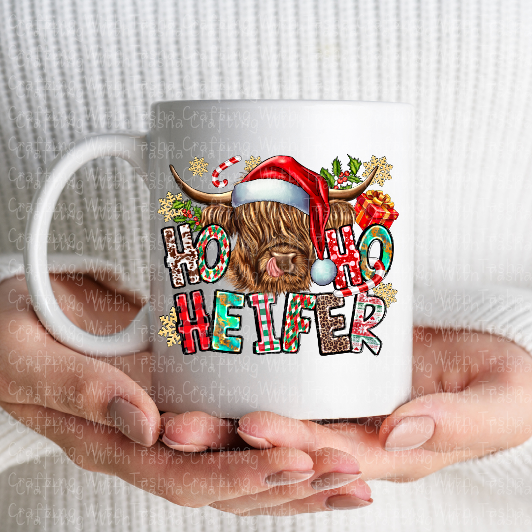 Ho Ho Ho Heifer Christmas Highland Cow Design – Customizable DTF Transfer, T-Shirt, Crew Neck, Hoodie, or Cup Transfer