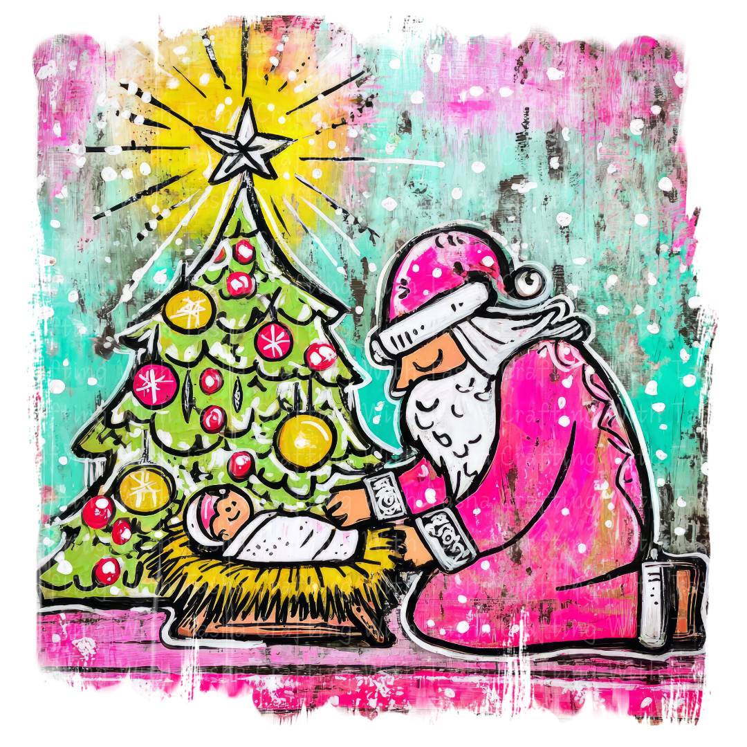 Pink Santa Kneeling at the Manger – Christmas Nativity DTF Transfer | Baby Jesus & Tree Holiday Design