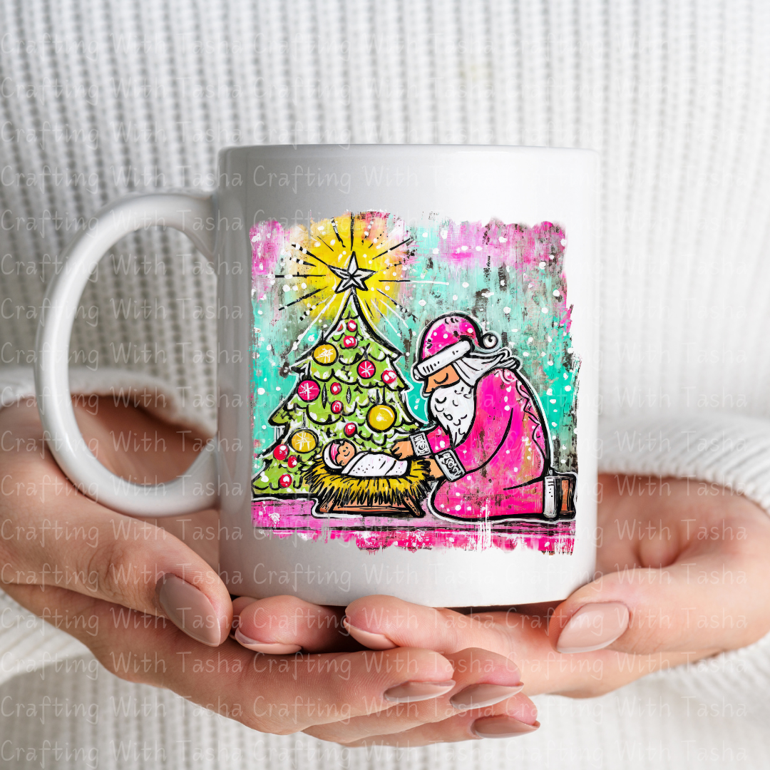 Pink Santa Kneeling at the Manger – Christmas Nativity DTF Transfer | Baby Jesus & Tree Holiday Design