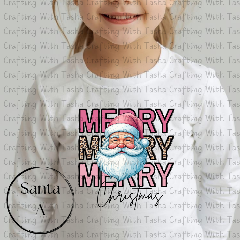 Merry Merry Merry Christmas Santa with Leopard Print Design – Customizable DTF Transfer, T-Shirt, Crew Neck, Hoodie, or Cup Transfer