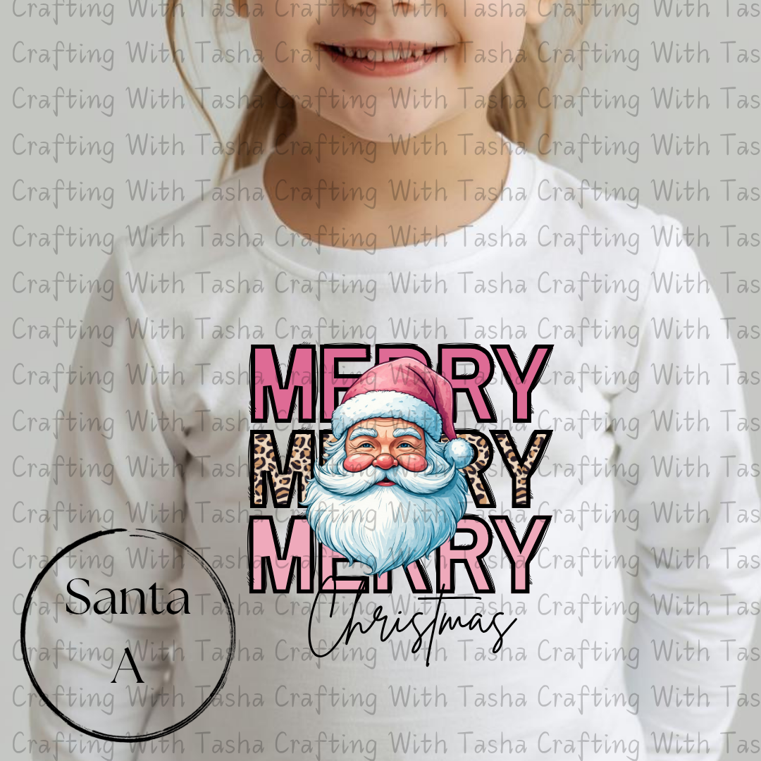 Merry Merry Merry Christmas Santa with Leopard Print Design – Customizable DTF Transfer, T-Shirt, Crew Neck, Hoodie, or Cup Transfer
