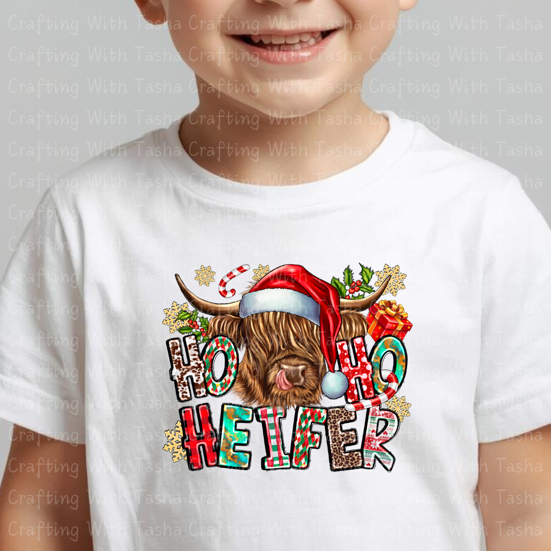 Ho Ho Ho Heifer Christmas Highland Cow Design – Customizable DTF Transfer, T-Shirt, Crew Neck, Hoodie, or Cup Transfer