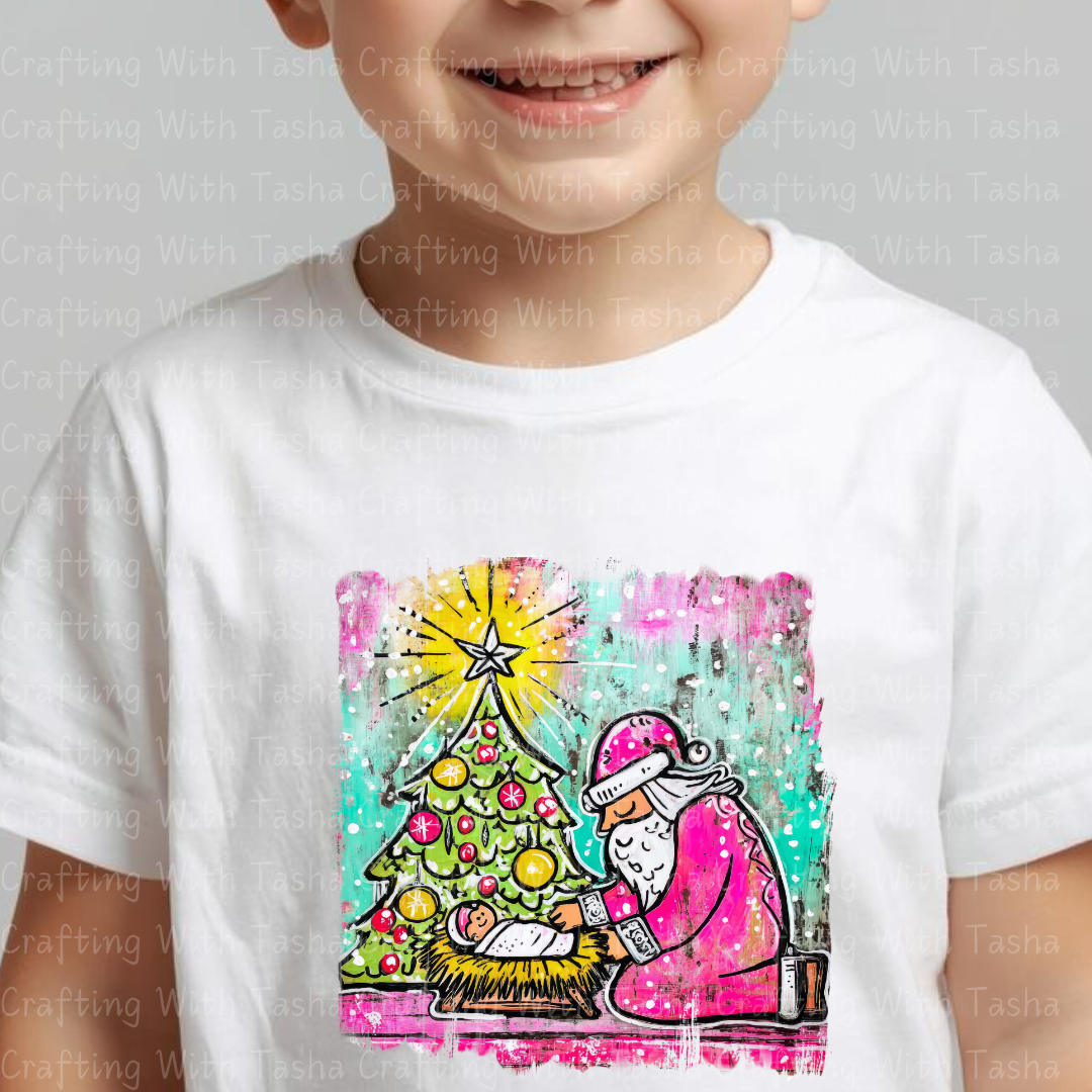 Pink Santa Kneeling at the Manger – Christmas Nativity DTF Transfer | Baby Jesus & Tree Holiday Design