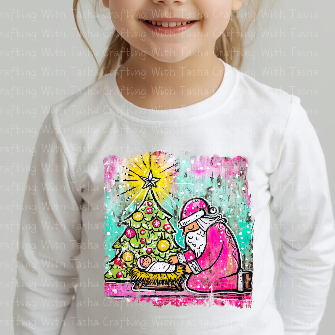 Pink Santa Kneeling at the Manger – Christmas Nativity DTF Transfer | Baby Jesus & Tree Holiday Design