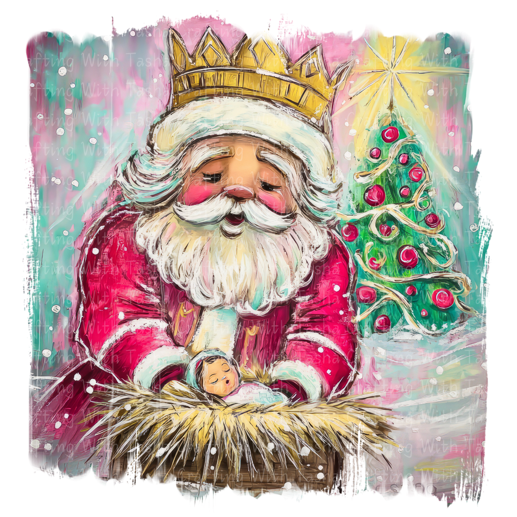 Royal Santa Nativity Design – Crowned Santa Holding Baby Jesus | Christmas DTF Transfer for Shirts, Hoodies & Cups