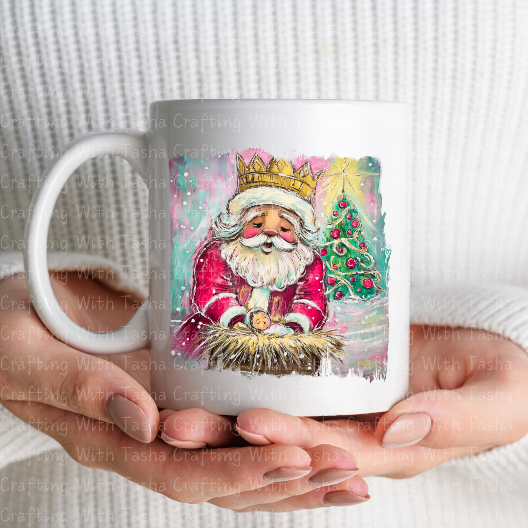 Royal Santa Nativity Design – Crowned Santa Holding Baby Jesus | Christmas DTF Transfer for Shirts, Hoodies & Cups