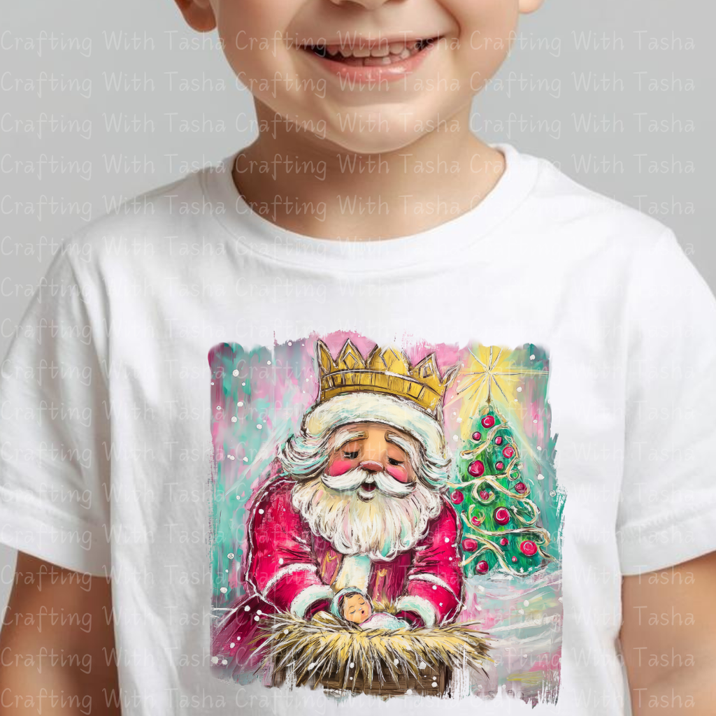 Royal Santa Nativity Design – Crowned Santa Holding Baby Jesus | Christmas DTF Transfer for Shirts, Hoodies & Cups