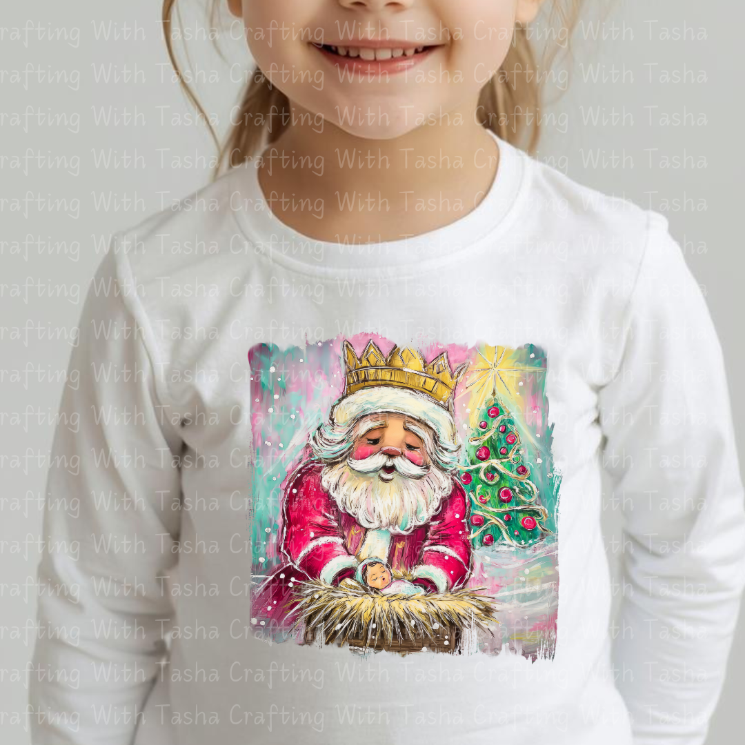 Royal Santa Nativity Design – Crowned Santa Holding Baby Jesus | Christmas DTF Transfer for Shirts, Hoodies & Cups