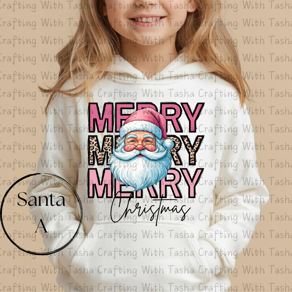 Merry Merry Merry Christmas Santa with Leopard Print Design – Customizable DTF Transfer, T-Shirt, Crew Neck, Hoodie, or Cup Transfer