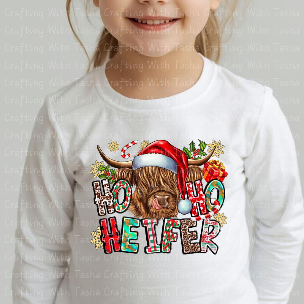 Ho Ho Ho Heifer Christmas Highland Cow Design – Customizable DTF Transfer, T-Shirt, Crew Neck, Hoodie, or Cup Transfer