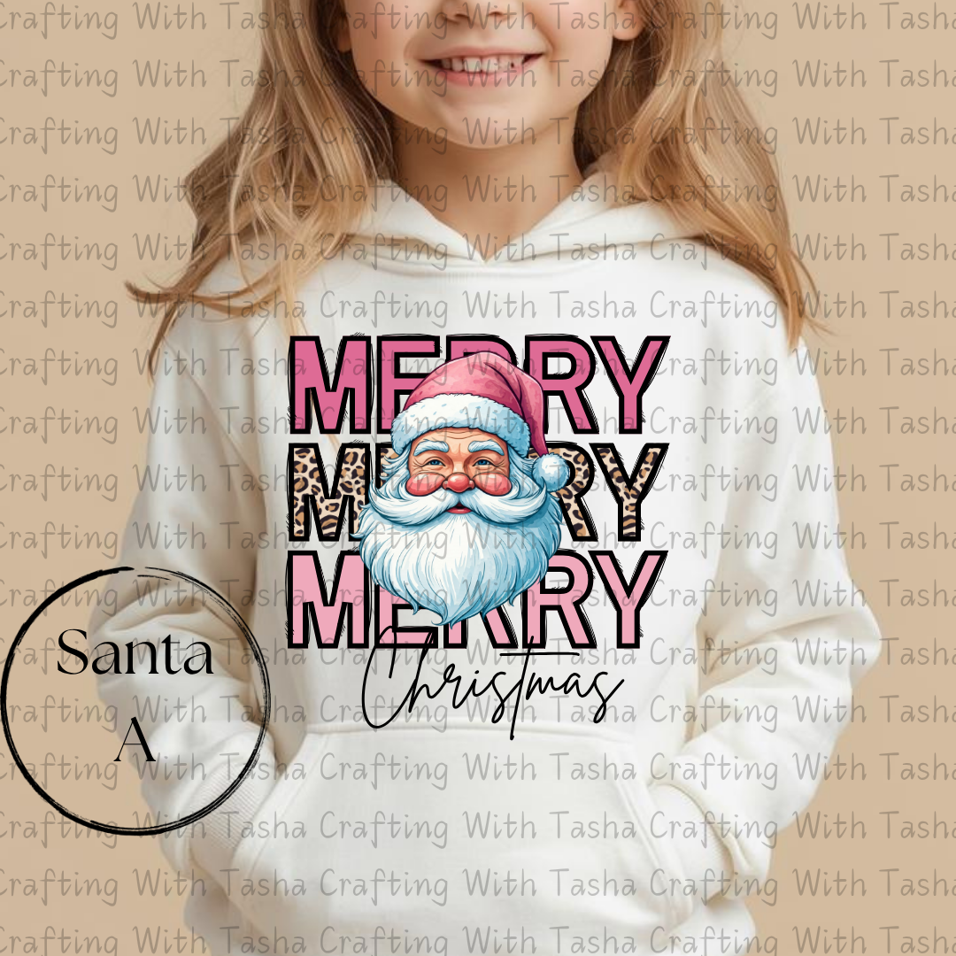 Merry Merry Merry Christmas Santa with Leopard Print Design – Customizable DTF Transfer, T-Shirt, Crew Neck, Hoodie, or Cup Transfer