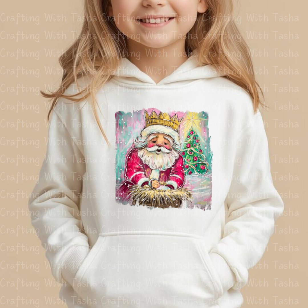 Royal Santa Nativity Design – Crowned Santa Holding Baby Jesus | Christmas DTF Transfer for Shirts, Hoodies & Cups
