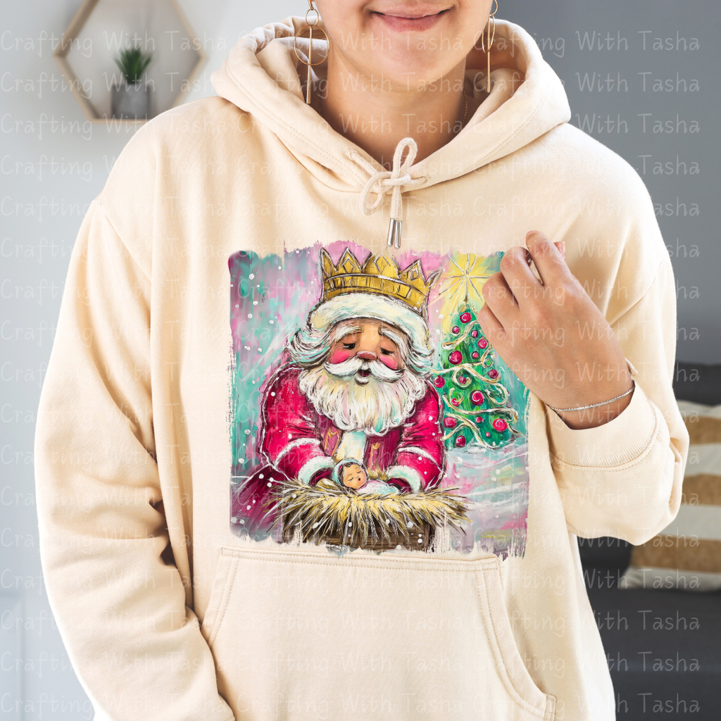 Royal Santa Nativity Design – Crowned Santa Holding Baby Jesus | Christmas DTF Transfer for Shirts, Hoodies & Cups