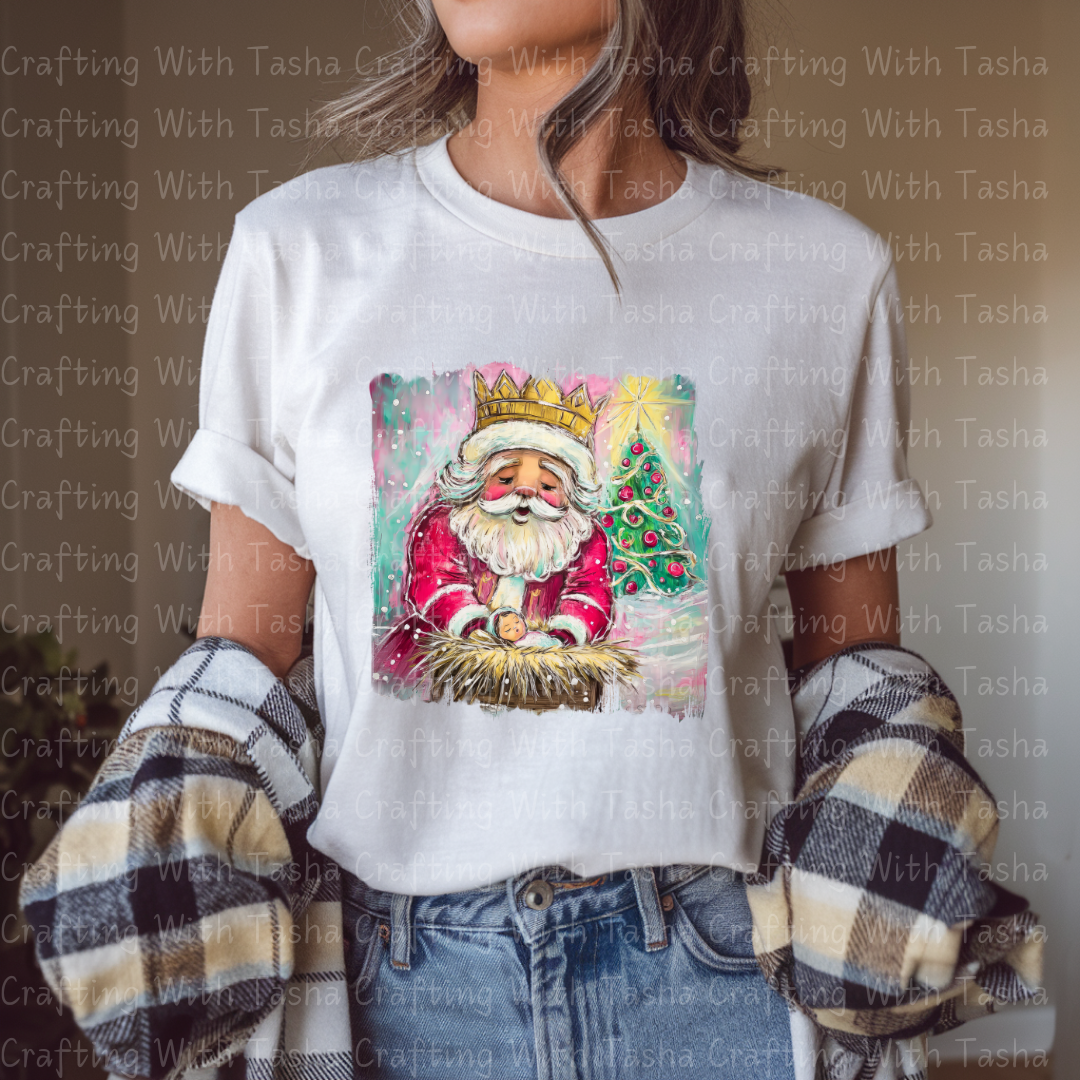 Royal Santa Nativity Design – Crowned Santa Holding Baby Jesus | Christmas DTF Transfer for Shirts, Hoodies & Cups