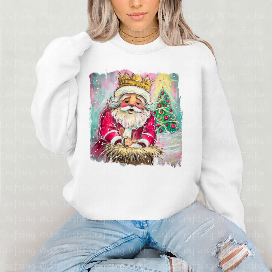 Royal Santa Nativity Design – Crowned Santa Holding Baby Jesus | Christmas DTF Transfer for Shirts, Hoodies & Cups
