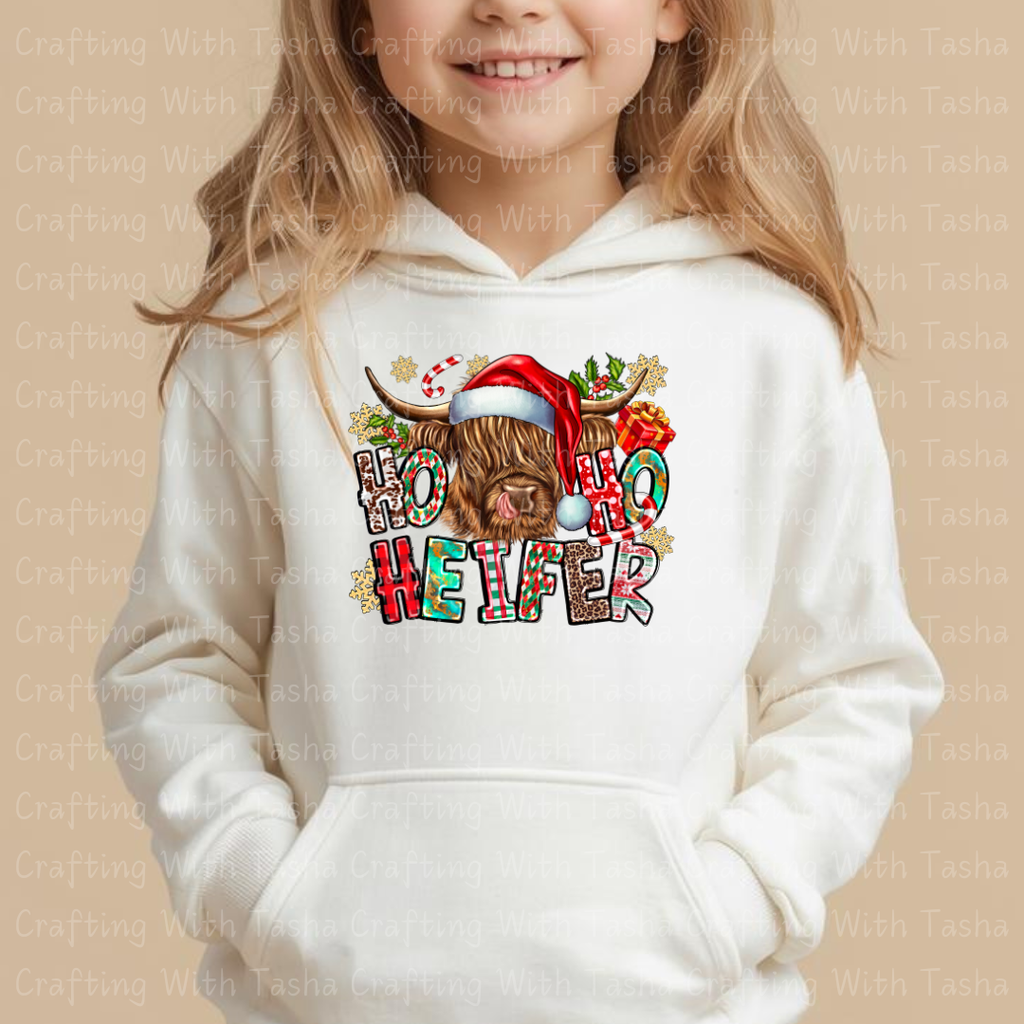 Ho Ho Ho Heifer Christmas Highland Cow Design – Customizable DTF Transfer, T-Shirt, Crew Neck, Hoodie, or Cup Transfer