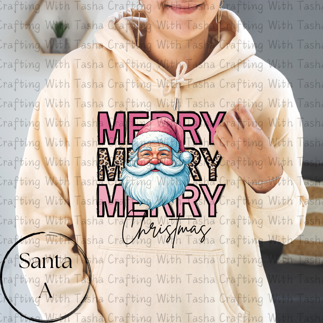 Merry Merry Merry Christmas Santa with Leopard Print Design – Customizable DTF Transfer, T-Shirt, Crew Neck, Hoodie, or Cup Transfer