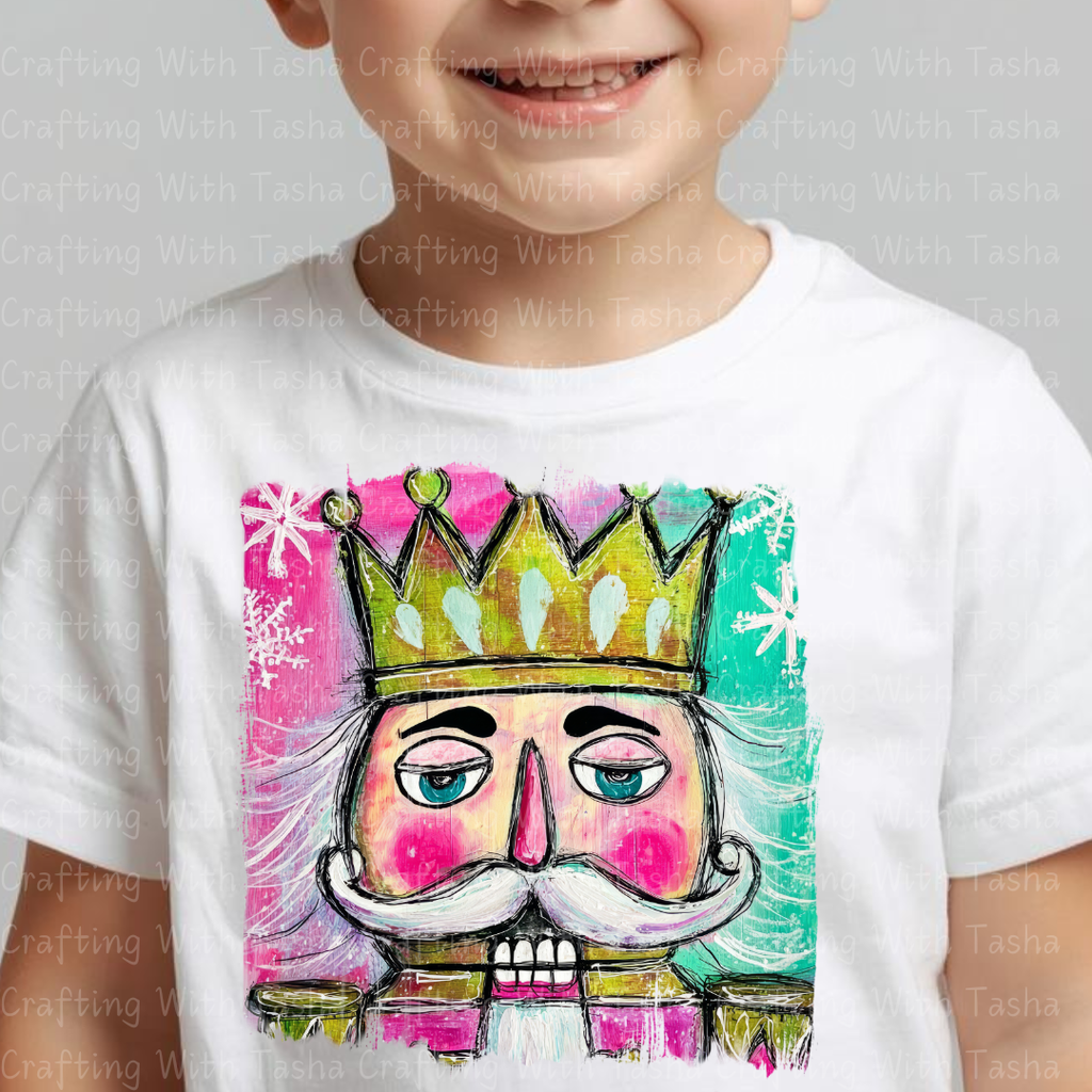 Pink & Teal Nutcracker King – Retro Christmas DTF Transfer for Shirts, Hoodies & Tumblers