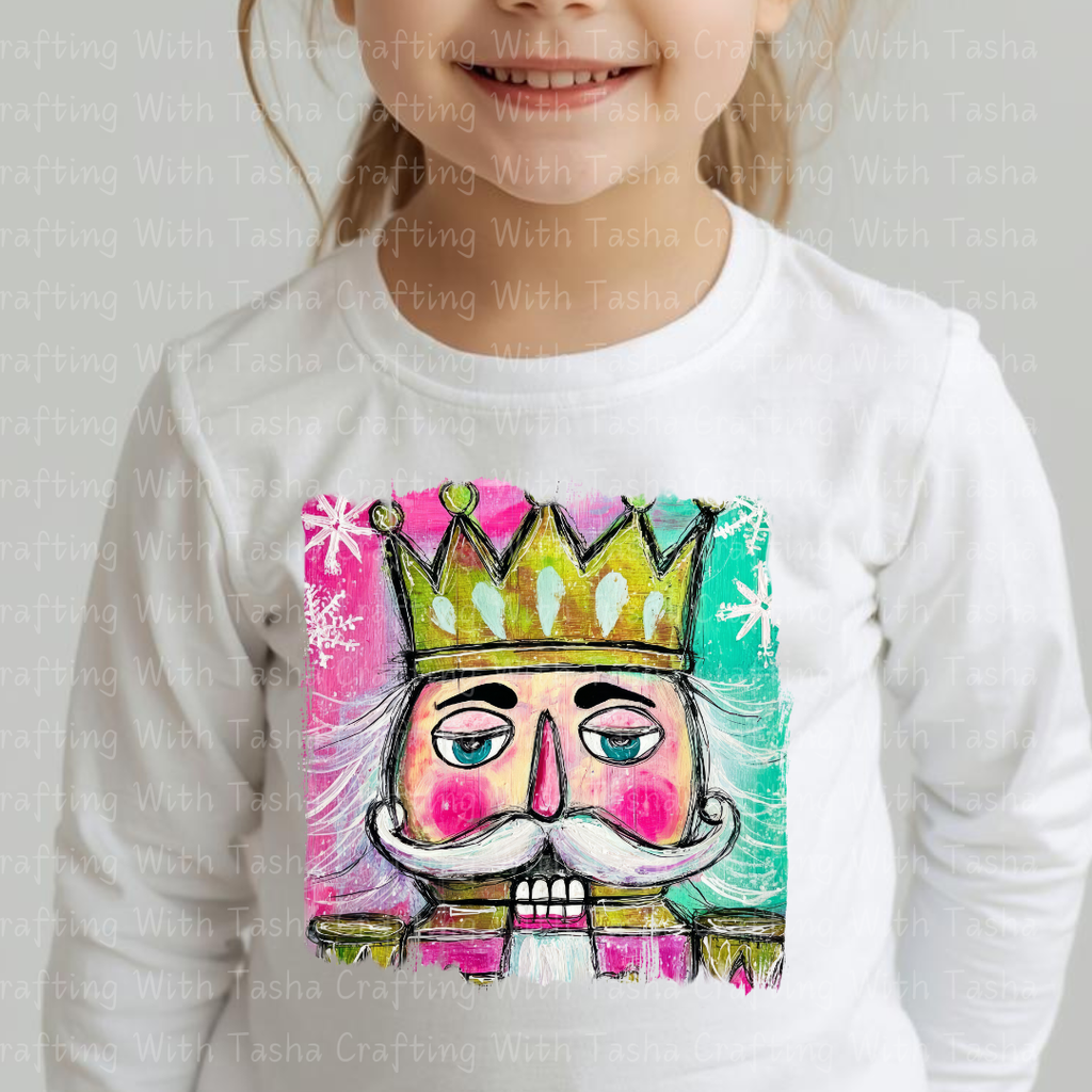 Pink & Teal Nutcracker King – Retro Christmas DTF Transfer for Shirts, Hoodies & Tumblers