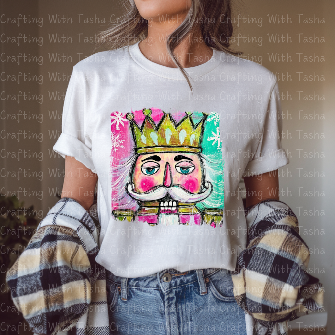Pink & Teal Nutcracker King – Retro Christmas DTF Transfer for Shirts, Hoodies & Tumblers
