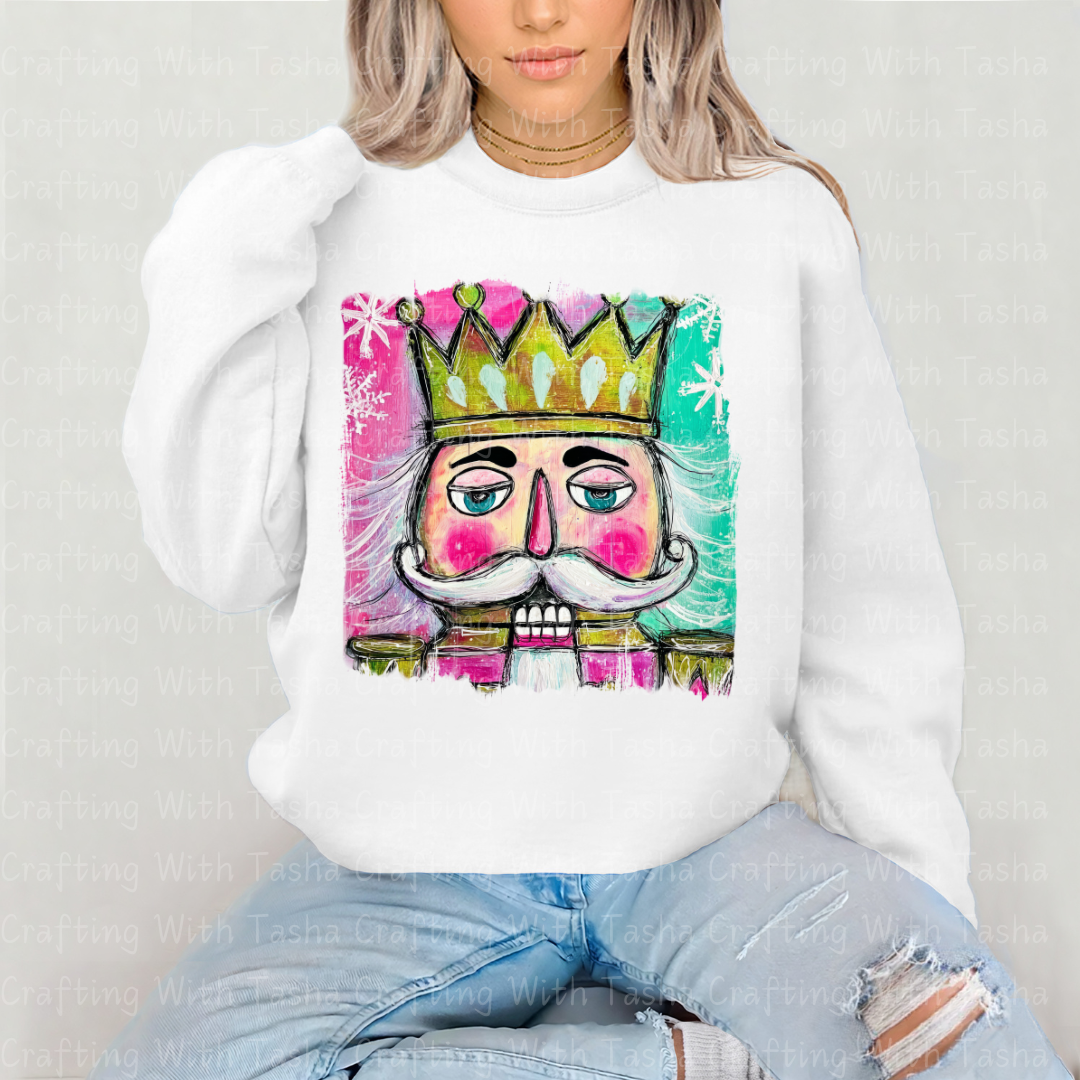 Pink & Teal Nutcracker King – Retro Christmas DTF Transfer for Shirts, Hoodies & Tumblers