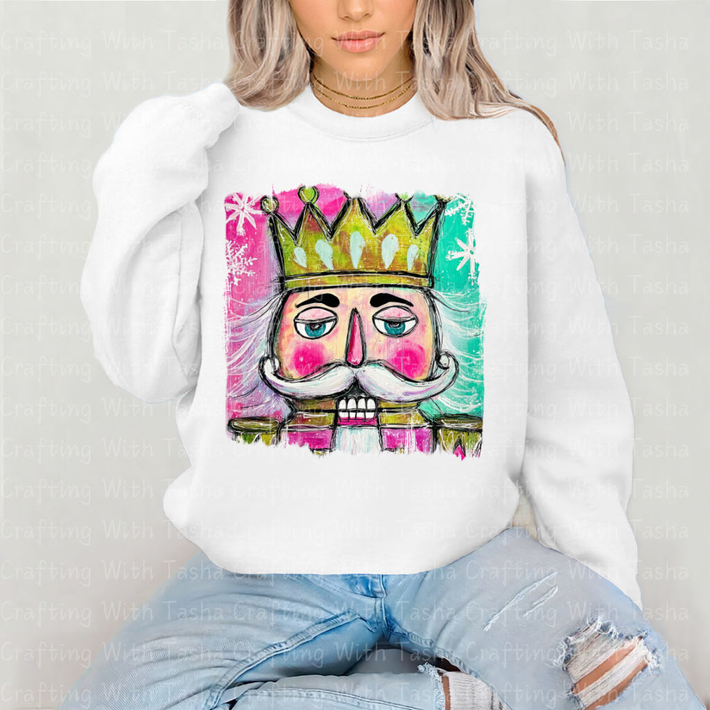 Pink & Teal Nutcracker King – Retro Christmas DTF Transfer for Shirts, Hoodies & Tumblers