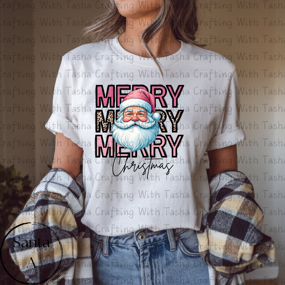 Merry Merry Merry Christmas Santa with Leopard Print Design – Customizable DTF Transfer, T-Shirt, Crew Neck, Hoodie, or Cup Transfer