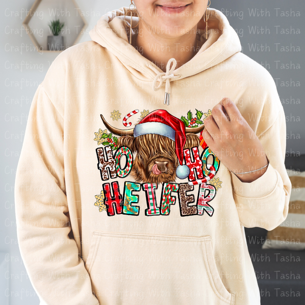 Ho Ho Ho Heifer Christmas Highland Cow Design – Customizable DTF Transfer, T-Shirt, Crew Neck, Hoodie, or Cup Transfer