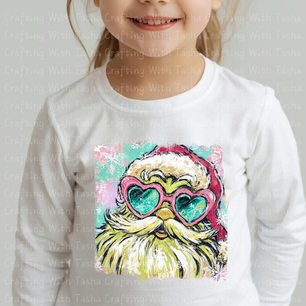 Groovy Green Santa With Heart Glasses – Retro Christmas DTF Transfer for Shirts, Hoodies & Tumblers