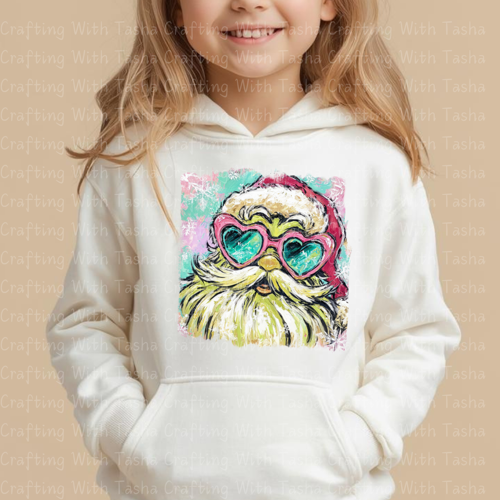 Groovy Green Santa With Heart Glasses – Retro Christmas DTF Transfer for Shirts, Hoodies & Tumblers