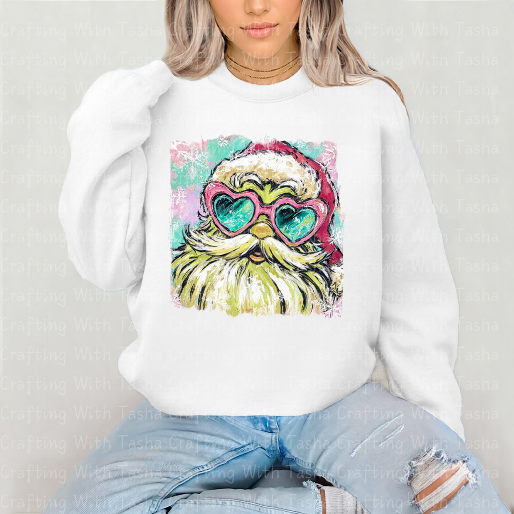 Groovy Green Santa With Heart Glasses – Retro Christmas DTF Transfer for Shirts, Hoodies & Tumblers