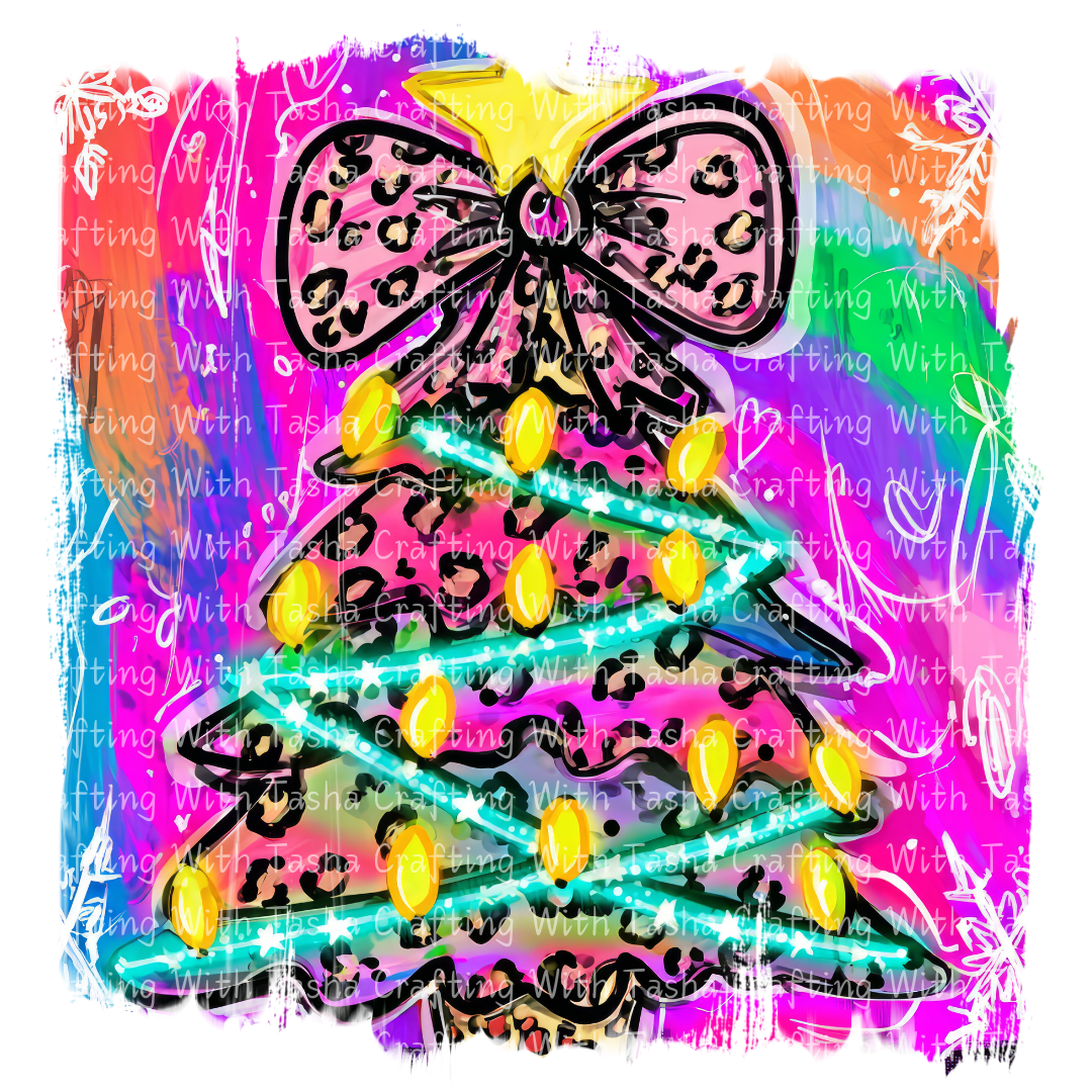 Neon Leopard Print Christmas Tree – Bright Retro Holiday DTF Transfer for Shirts, Hoodies & Tumblers