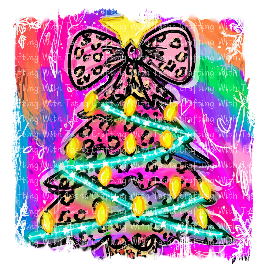 Neon Leopard Print Christmas Tree – Bright Retro Holiday DTF Transfer for Shirts, Hoodies & Tumblers