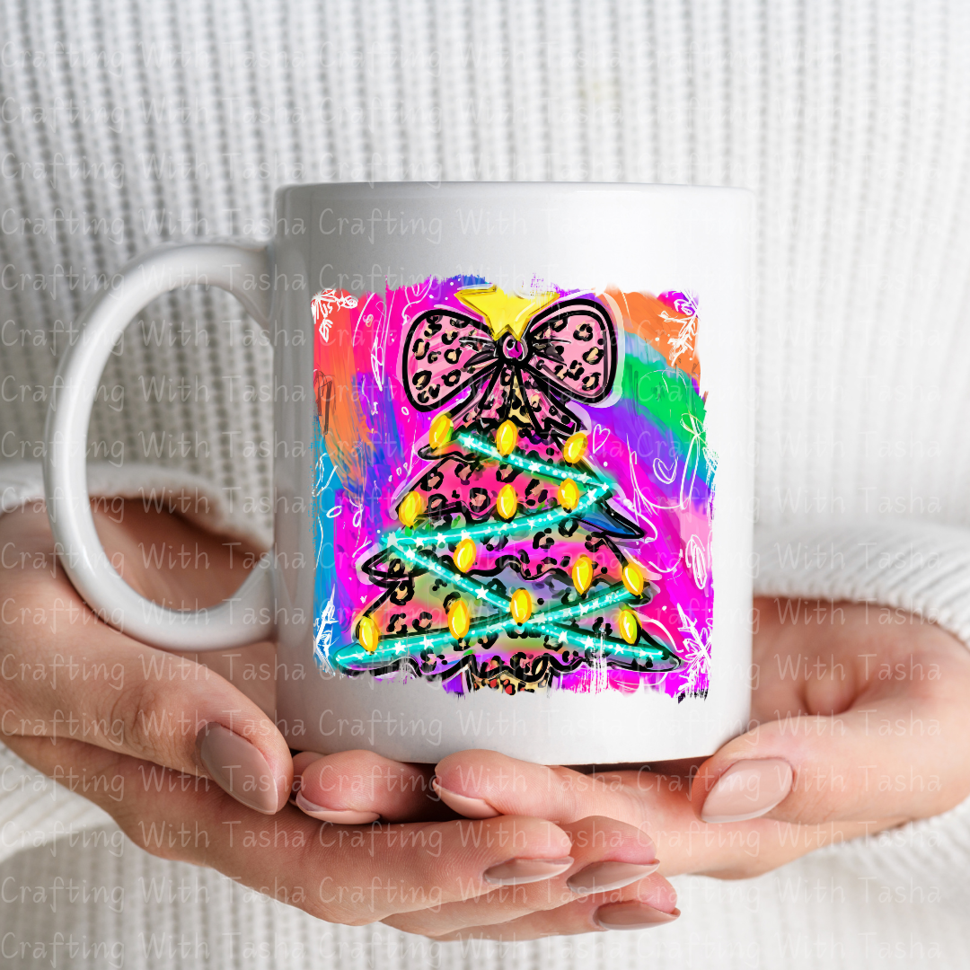Neon Leopard Print Christmas Tree – Bright Retro Holiday DTF Transfer for Shirts, Hoodies & Tumblers