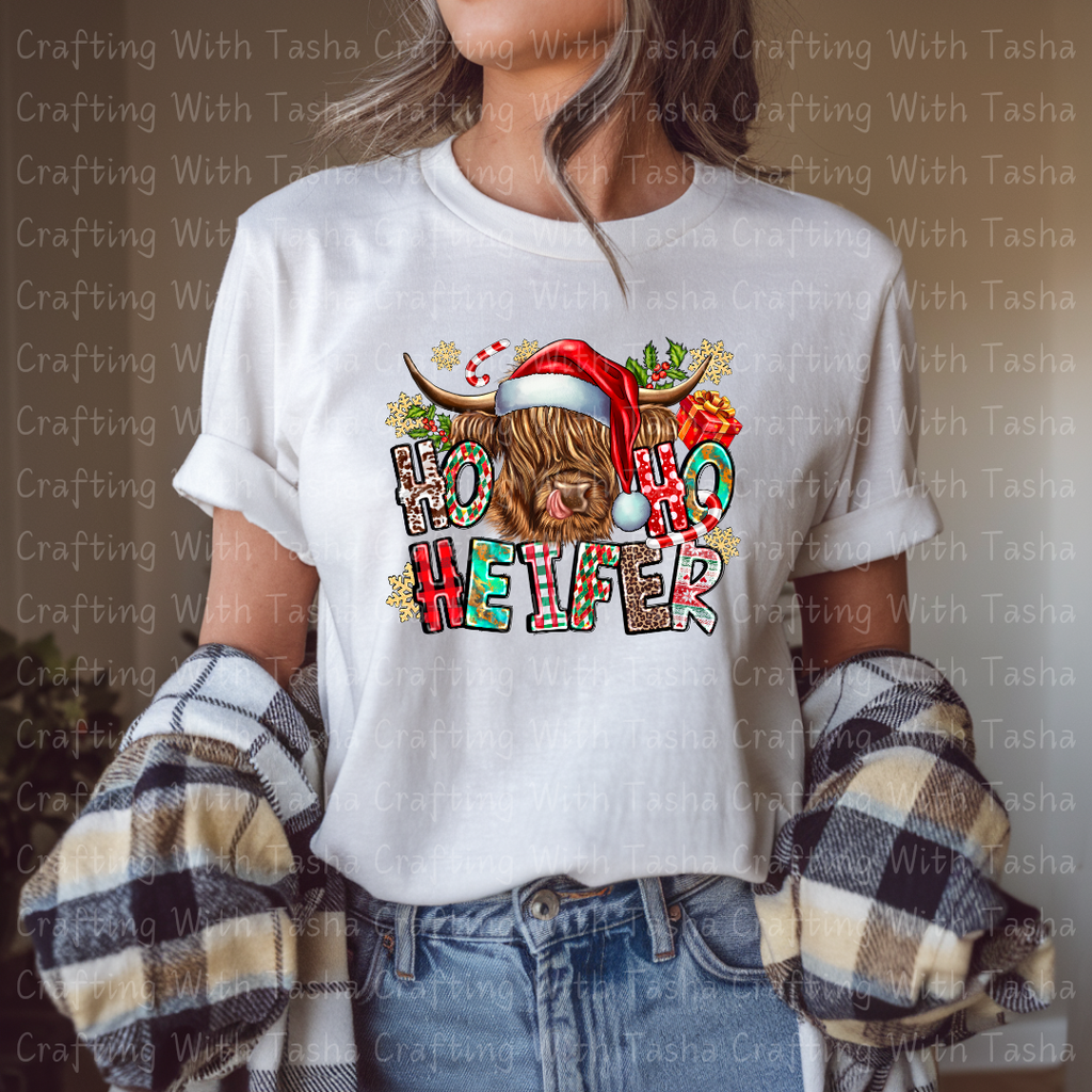 Ho Ho Ho Heifer Christmas Highland Cow Design – Customizable DTF Transfer, T-Shirt, Crew Neck, Hoodie, or Cup Transfer